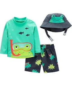 Toddlers and Baby Boys' 3-Piece Swimsuit Trunk Rashguard Set and Sun Hat Swimwear Bathing Suit Sunsuit Swim Shirt UPF 50+