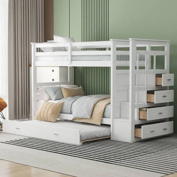 P PURLOVE Twin Over Twin Bunk Bed with Stairs, Solid Wood Bunk Beds with Trundle,Twin Size Stairway Bunk Bed with 4 Storage Drawers and Staircase and Guardrail for Teens,Kids,White