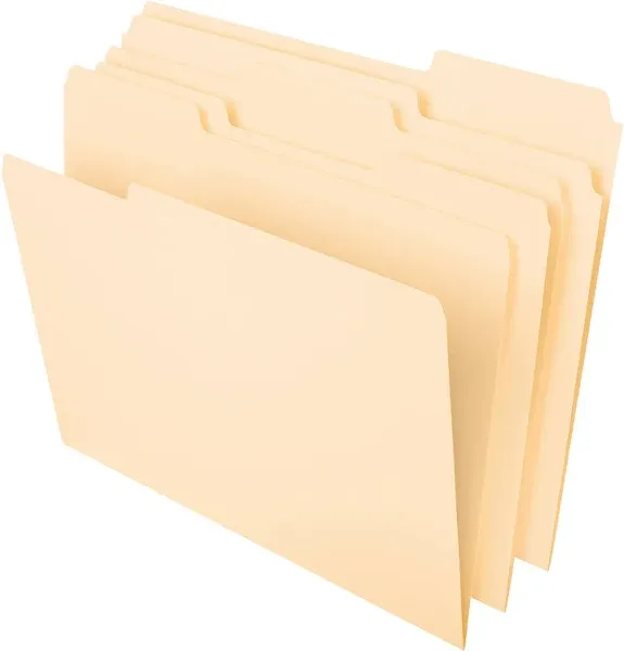 Pendaflex Essentials 752132 File Folders, 1/3 Cut, Second Position, Top Tab, Letter, Manila, 100/Box