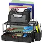 Simple Houseware Mesh Desk Organizer with Sliding Drawer, Double Tray and 5 Upri