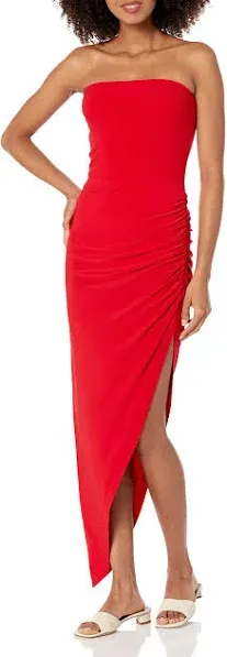 Norma Kamali Revolve strapless side drape gown maxi slit dress Tiger Red New L