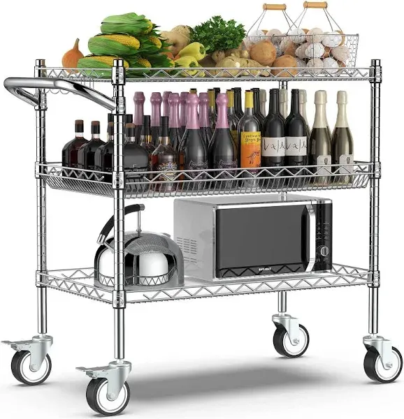 Leteuke 3 Tier Rolling Carts with Wheels,990lbs Heavy Duty Rolling Utility Cart,nsf Commercial Grade Metal Cart with Handle&shelf Liner,trolley