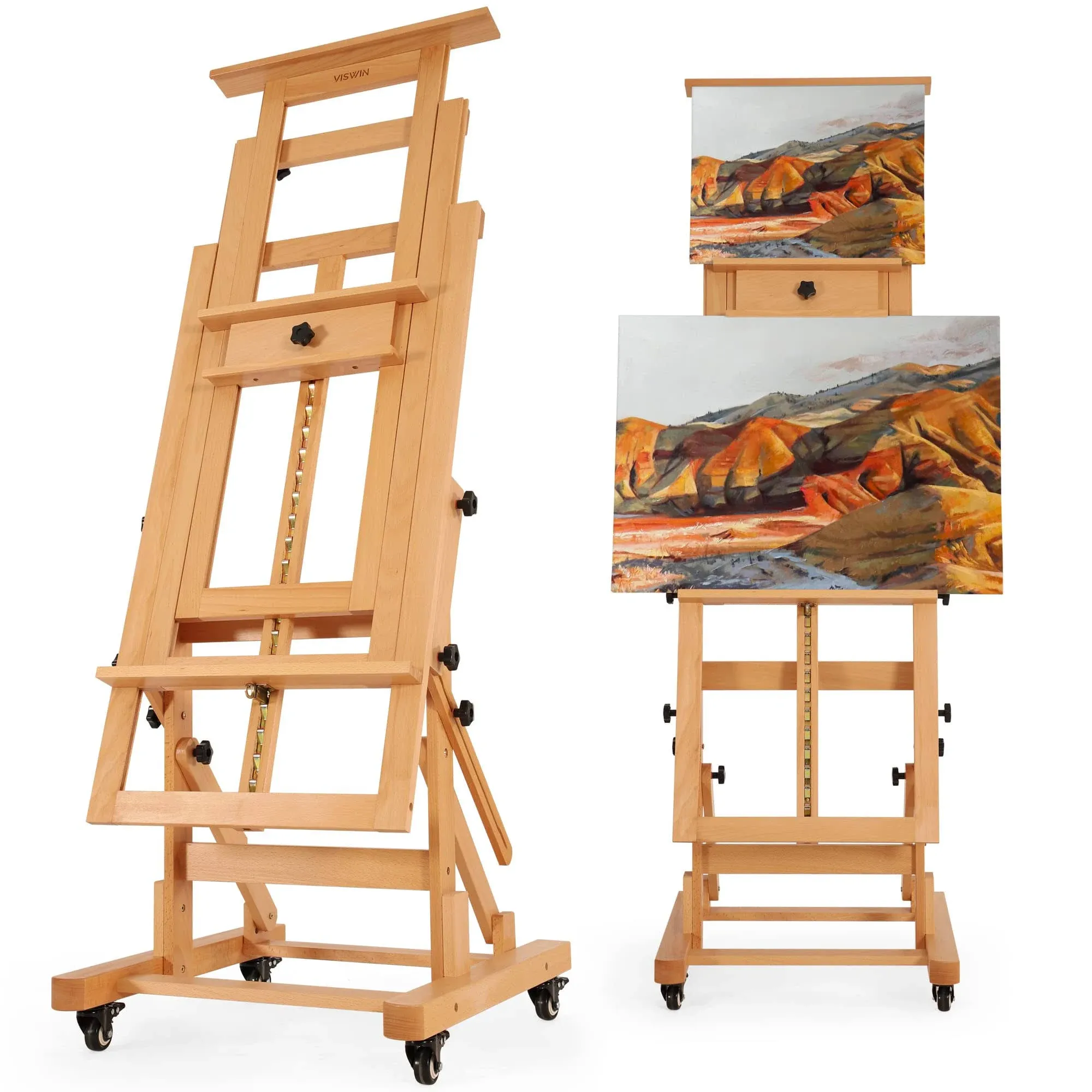 VISWIN Extra-Large Master H Frame Easel, Hold 1 or 2 Canvas up to 79", Tilts Flat, Movable Solid Beech Wood Heavy Duty Floor Easel Stand for Painting, Adjustable Art Easel Stand for Adult, Artist - N