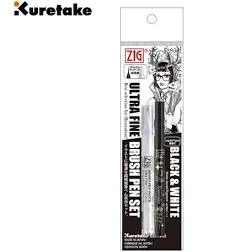 Kuretake ZIG Inktober BLACK &amp; WHITE ULTRA FINE SET, ai Liner Brush pen and Wh...