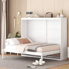 LostCat Queen Size Murphy Bed, Modern Queen Size Murphy Bed Frame, Solid Wood Foldable Platform Bed, Can Be Folded Into A Cabinet, Space-Saving Wall Bed for Guest Room or Home Office, Grey