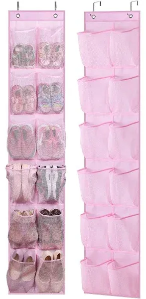 MISSLO Kids Over the Door Shoe Organizer Baby Hanging Shoe Rack Narrow Closet Storage bags with 12 Mesh Pockets for Girl Women Men Toddler Nursery, 2 Packs, Pink