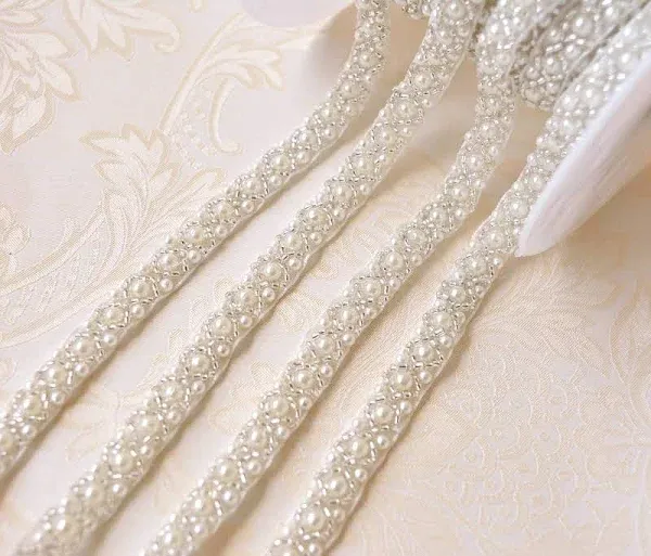 2 Yards Pearl Beaded Trim Bridal Lace Ribbon Trimming Edge Tape for Craft Sewing Wedding Dress Fabric DIY Decoration 1cm (#3)