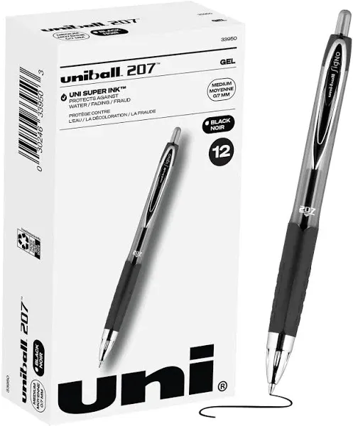 Uniball Signo 207 Gel Pen 12 Pack, 1.0Mm Bold Black Pens, Gel Ink Pens Office