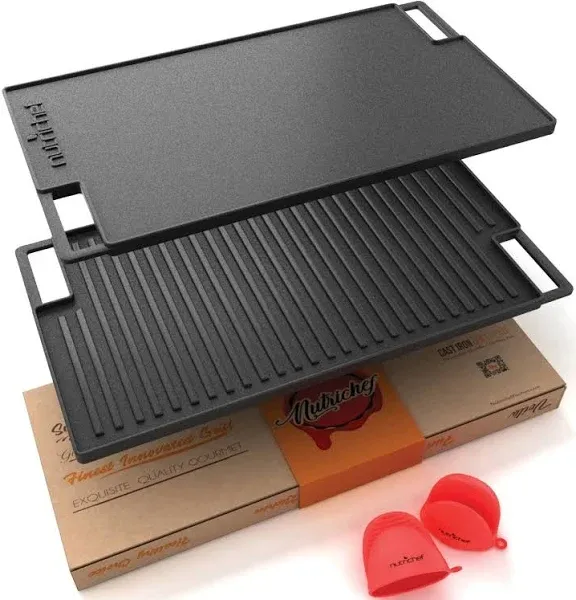 NutriChef NCCIRG5 18&#034; Cast Iron Reversible Grill Plate w/ Silicone Oven Mitt