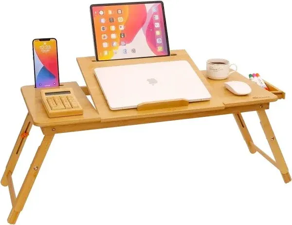 Laptop Desk for Bed, COIWAI Laptop Bed Tray Desk, Bamboo Lap Desk with Tablet Slot, Adjustable Height Angle, Foldable Laptop Tray for Sofa Couch Floor, with Storage Drawer - Large