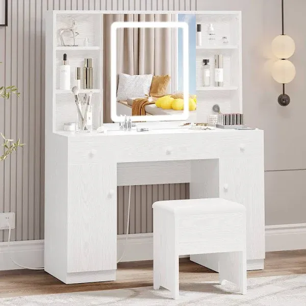 IRONCK Vanity Desk Set with Large LED Lighted Mirror & Power Outlet, 7 Drawers Vanities Dressing Makeup Table with Storage Bench, for Bedroom, Industrial Style White