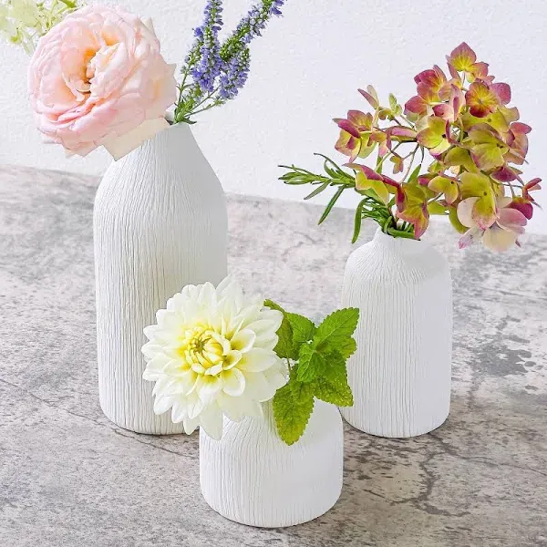 Boho Ceramic White Bud Vases by Kate Aspen (Set of 3) - Boho Flower Vase for Pampas Grass, Eucalyptus, Dry Flowers & Plants | Shelf Decor, Mantle Decoration, Modern Farmhouse Decor