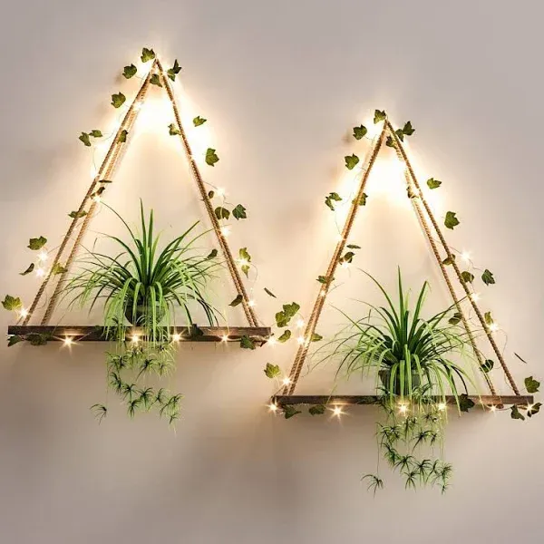 RICHER HOUSE Artificial Ivy LED-Strip Wall Hanging Shelves Set of 2, Macrame Shelf for Bedroom Bathroom Living Room Kitchen, Wood Hanging Plant Shelves for Wall Décor