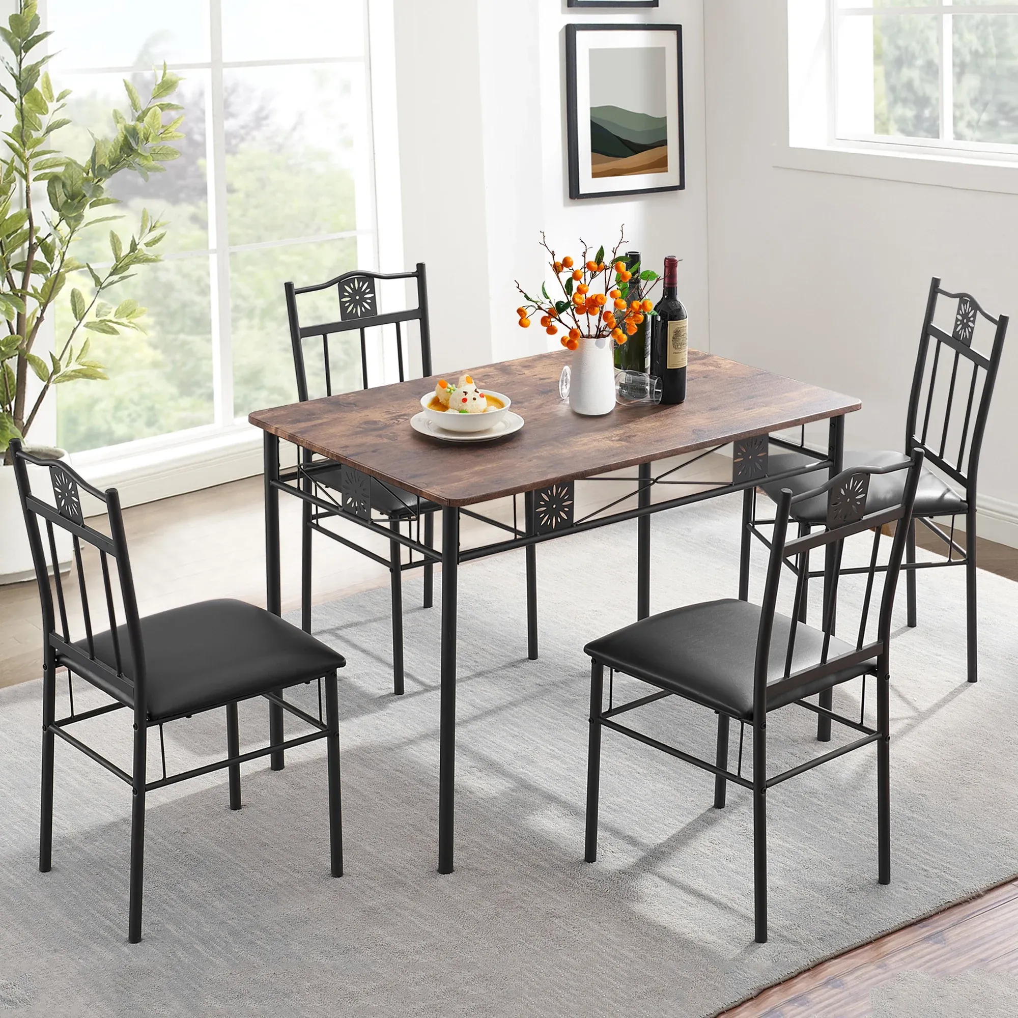 VECELO Kitchen Dining Room Table Sets for 4 5 Piece Metal and Wood Rectangular Breakfast Nook Dinette with Chairs Retro-Brown