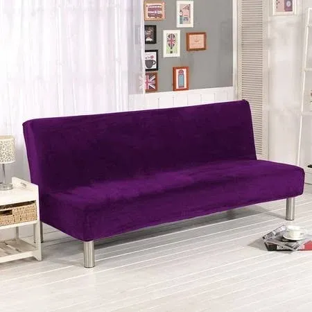 Velvet Plush Armless Sofa Slipcover, Polyester Spandex Stretch Futon Cover Protector, Armless Sofa Bed Seat Slipcover,Furniture Protector Without Armrests Cover (Color : Purple)