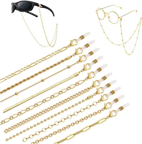 HEIDKRUEGER 10 Pieces Eyeglass Chains String Holders for Women Men Gold Link Necklace Around Neck Glasses Mask Chain Lanyard Eyewear Retainer Accessory Chain