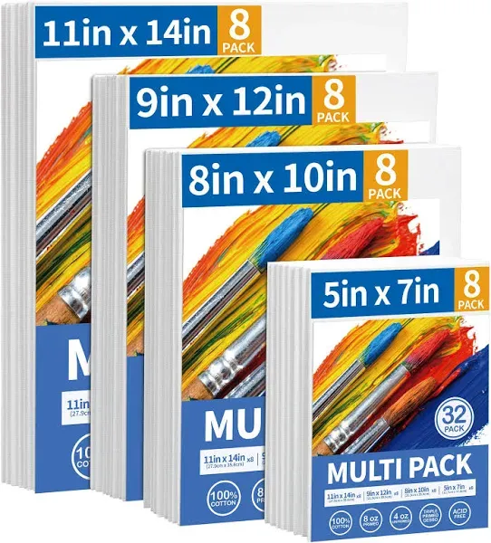 FIXSMITH Painting Canvas Panels Multi Pack- 5x7,8x10,9x12,11x14 (8 of Each),Set of 32,100% Cotton,Primed White Canvases,for Acrylic,Oil,Other Wet or