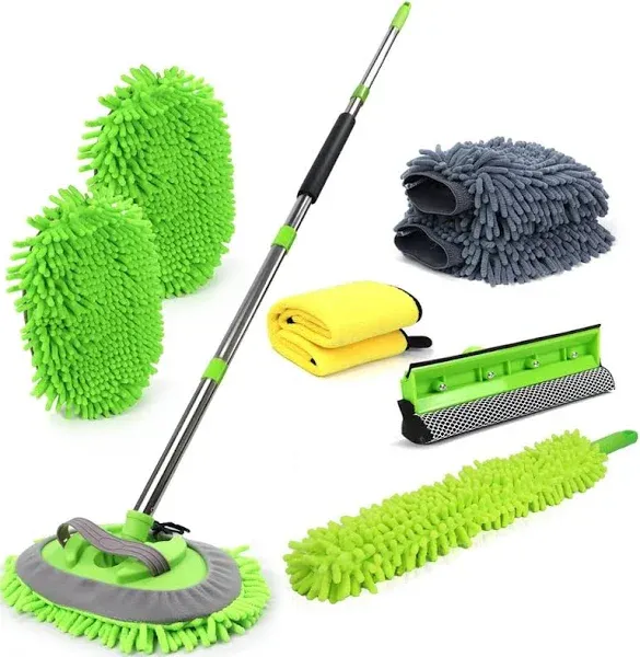 HITJOY 62'' Car Wash Brush with Long Handle Car Wash Mop Mitt Chenille Car Cleaning Kits Windshield Window Squeegee Car Duster Microfiber Towel Gloves