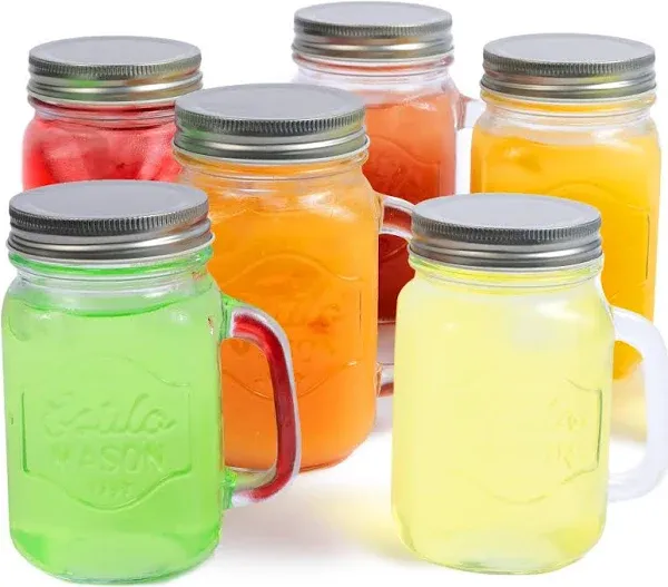 Estilo Mason Jar, 16 oz, Set of 6, Glass Drinking Cups with Handles, Tin Lids, Overnight Oats Jars, Smoothie Cups