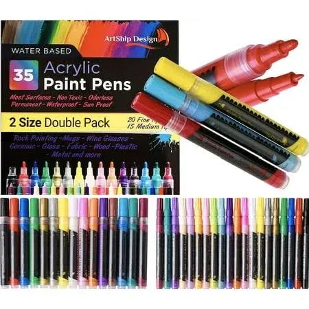 35 Premium Acrylic Paint Pens, Double Pack of Both Extra Fine & Medium Tip Paint Markers by ArtShip Design