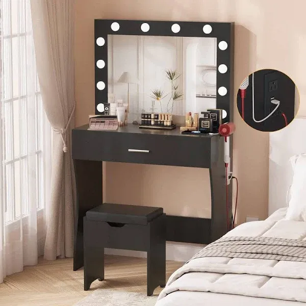 Vanity Table Set with Lighted Mirror - Makeup Vanity with Charging Station, Large Drawer Sturdy Wood Vanity with Lights, 3 Color Modes, Adjustable Brightness，Black