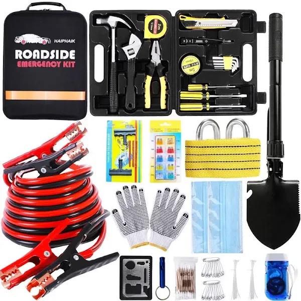 Car Emergency Roadside Kit- Safety Kits for Cars, Car Jumper Cables Kit 11.8 Feet (Upgrade) 124 Pcs Car Tool Kit,Tow Strap, Folding Survival Shovel