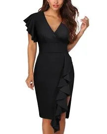 NWT Knitee Deep-V Neck Ruffle Sleeves Cocktail Party Pencil Slit Formal Dress