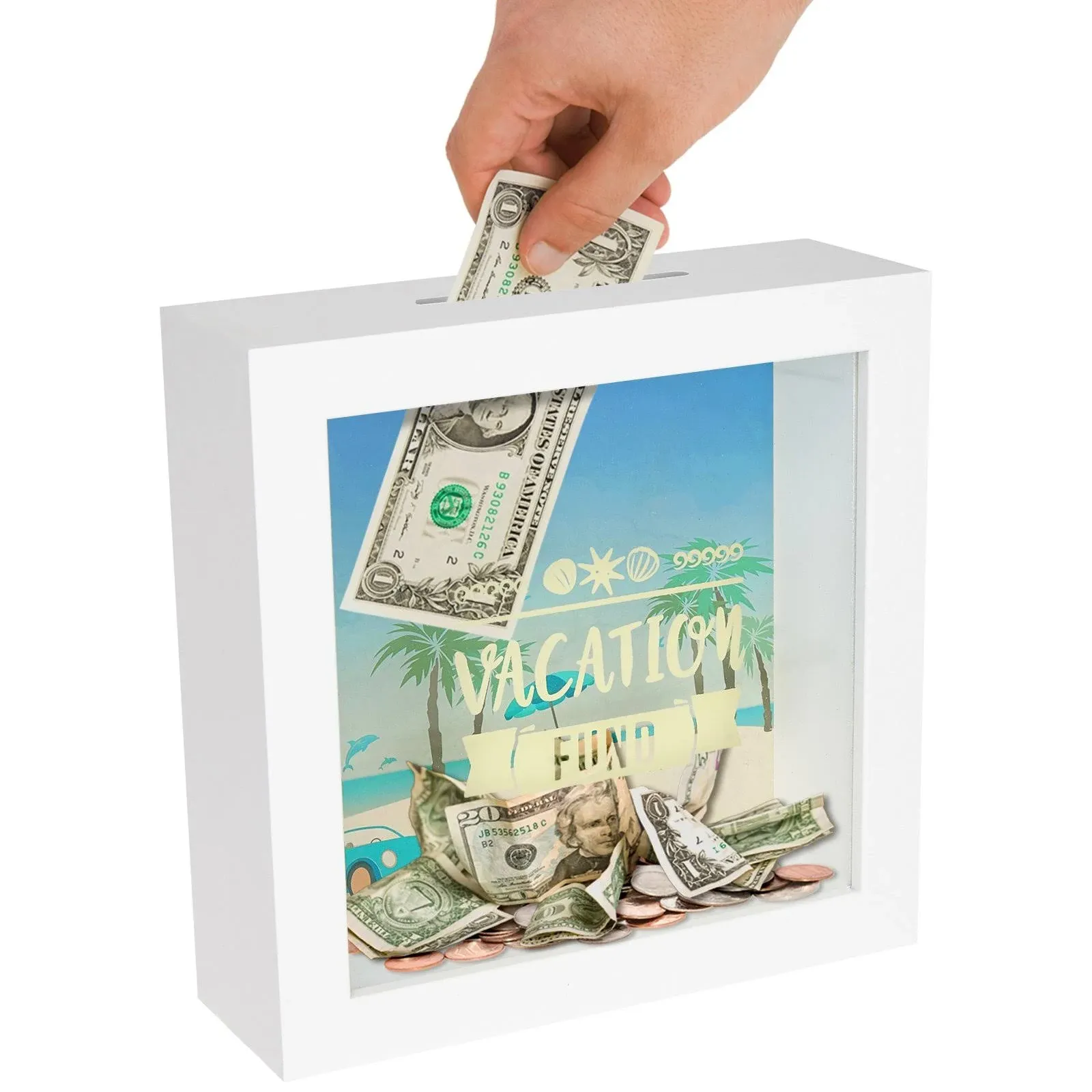 Americanflat 6x6" Money Saving Box with Slot - Vacation Travel Fund Decorative Shadow Box Frame in White with Polished Glass for Wall and Tabletop