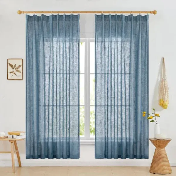 Deconovo Semi-Sheer Linen Curtains 72 Inch Length | Light Filtering Pinch Pleated Privacy Curtains | 2 Panels Set with Rod Pocket for Living Room, Bedroom, and Patio Doors, Blue, 50Wx72L