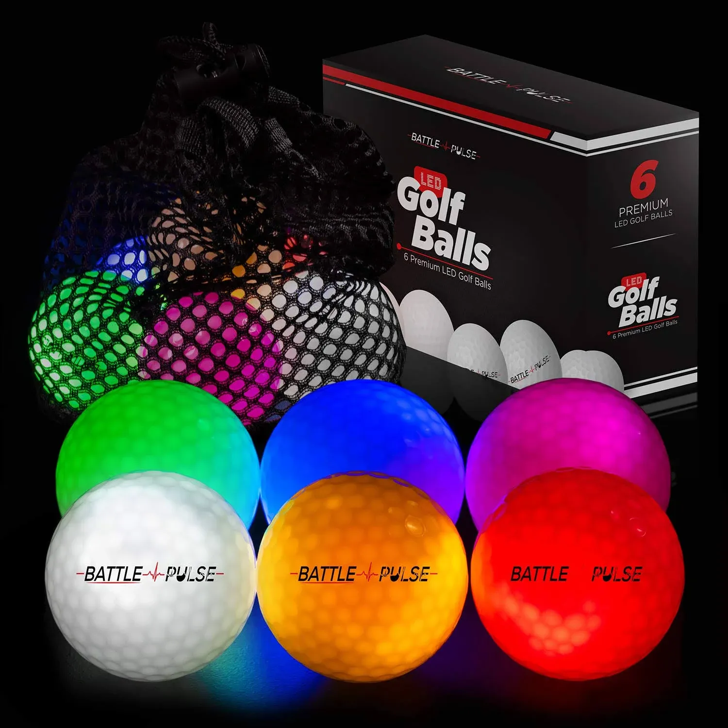 6pk 300-hr Lighting Time Glow in The Dark Golf Balls w/ Mesh Bag Water Resistant