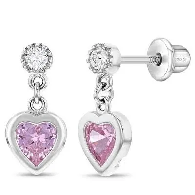 925 Sterling Silver Girl's Pink CZ Heart Dangle Earrings with Safety Screw Backs - Hypoallergenic Toddler Earrings for Kids with Cubic Zirconia Stones for Young Girls