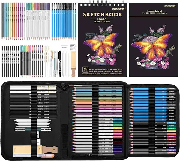 73 Drawing Set Sketching Kit，Pro Art Sketch Supplies with 3-Color Sketchbook，Tut