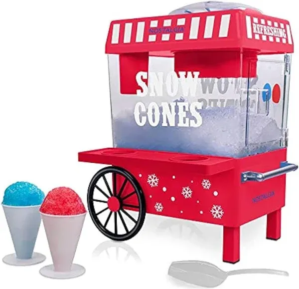 Nostalgia Vintage Countertop Snow Cone Machine - Slushie Machine - Shaved Ice Machine and Crushed Ice Maker - Makes 20 Icy Treats, Includes 2 Reusable Plastic Cups & Ice Scoop – Red