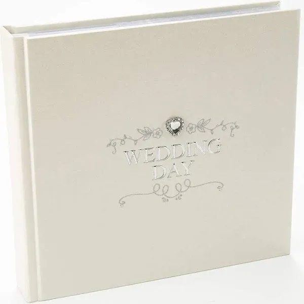 Ivory Wedding Day Photo Album in Silver Plated Text and Diamante Heart Jewel wit