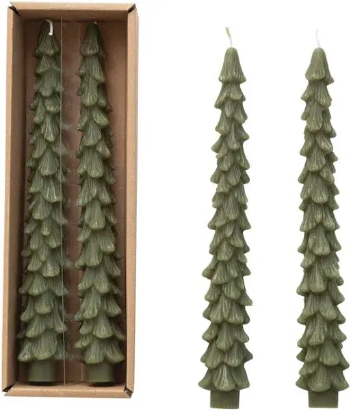  Unscented Tree Shaped Taper Candles, Boxed Set Of 2 10&#034; Evergreen