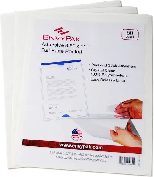 Full Page Pocket/Holder, Peel and Stick Adhesive, Top Loading, Clear, Holds 8...