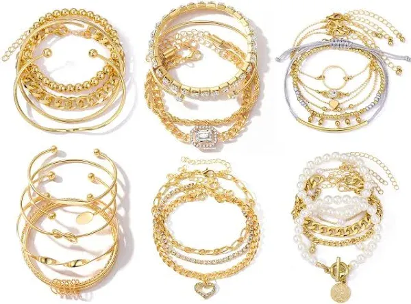 6 Pack Boho Gold Chain Bracelets Set, Multiple Layered Stackable Open,CZ,Tassel<wbr/>s