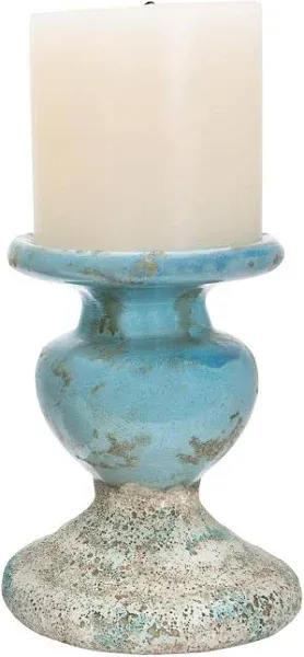 Creative Co-Op Distressed Blue Terracotta Pillar Candleholder