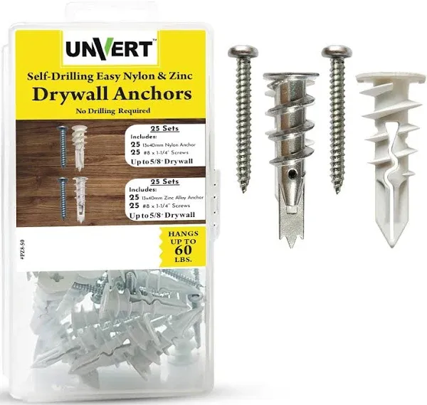 Plastic and Zinc Self-Drilling Drywall Anchor with Screw Kit, Pack includes 25 Large Plastic Anchors and 25 Large Zinc Anchors with Fitting Phillip Zinc Screws, Anchors Hold up to 60 Lb.