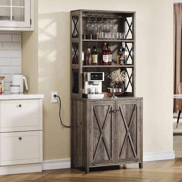 DWVO 67" Tall Wine Bar Cabinet for Liquor and Glasses Farmhouse Kitchen Cabinet Coffee Bar with Adjustable Shelves