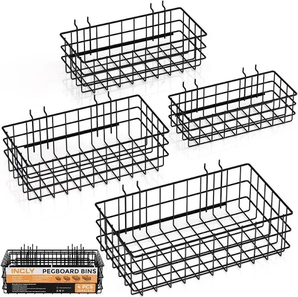 4 Pack Pegboard Baskets Bins Set Square Style 4 Size Metal Wire Shelves Hooks