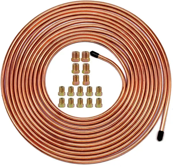 NEW Copper-Coated Brake Line Tubing Kit 3/16In 25Ft Coil Roll w/ 16 Fitting