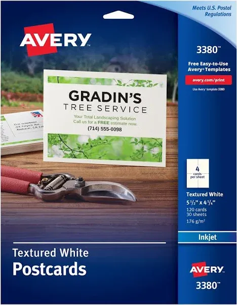 Avery 3380 Textured White Postcards Inkjet, 5 1/2” x 4 1/4” 120 Cards-30 Sheets