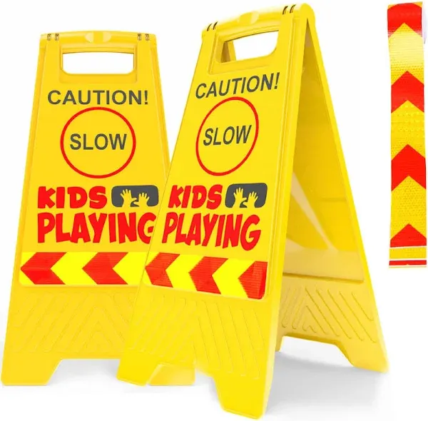 2 Pack Kid Playing Caution Sign - Children Safety Slow Road Yard Sign - Double Sided Sign Bundled with Reflective Tape