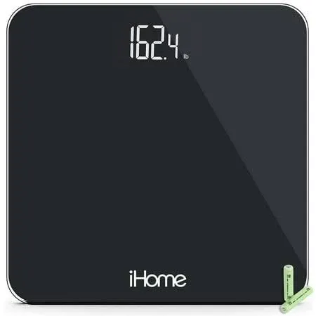 iHome Digital Scale Step-On Bathroom Scale - iHome High Precision Body Weight Scale - 400 lbs, Battery Powered with LED Display - Batteries Included -Great for Home Gym (Black)