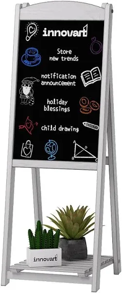 INNOVART Magnetic A-Frame Chalkboard Sign, Sidewalk Sign 45" x 17" with Display Shelf, Free Standing Chalkboard Easel, Sandwich Chalkboard for Restaurant, Business, Wedding or Events, White