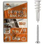 Pack of 50 Self Drilling Drywall Anchors #8 and 50 Philips Pan Head Self Tapping Screws for Gypsum Boards & Drywalls or Plasterboard - Holds Up to 75