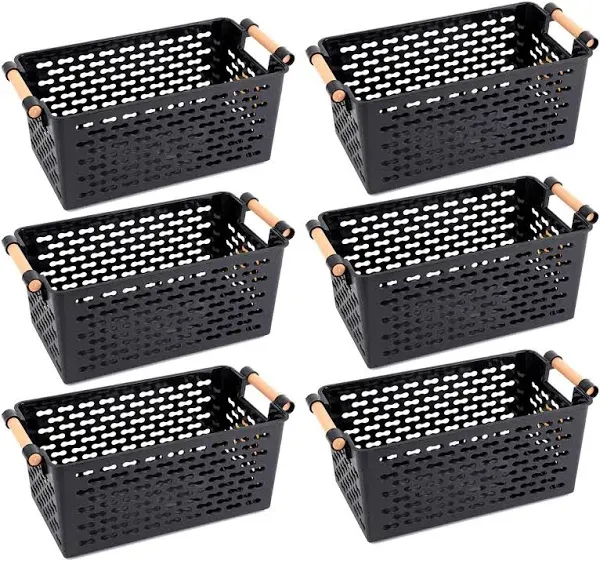 6 Pack Plastic Storage Basket, Black Basket Organizer Bin with Handles for Home