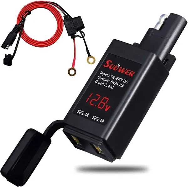 4.8A Motorcycle USB Charger, Quick Disconnect SAE to Dual USB Adapter Motorcycle Phone Charger, with LED Voltmeter & ON/Off Switch