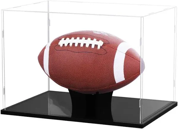 Display Case for Football Memorabilia - Clear Acrylic, UV Protection, Enhance Your Collection with Durable and Stylish Presentation、Acrylic Clear Box with Wood Black Stand Solid Base